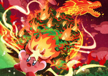 Rule 34 | absurdres, blush stickers, cloud, colored skin, dragon, fire, fire kirby, highres, kirby, kirby's return to dream land, kirby (series), monster flame kirby, nintendo, no humans, open mouth, pink skin, signature, star (symbol), tree, watawata22