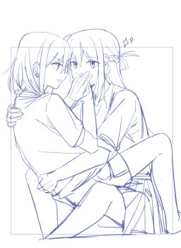 2girls braid collared_shirt commentary_request covering_another&#039;s_mouth earrings eye_contact haidao_mao half_up_braid hand_on_another&#039;s_waist highres jewelry long_hair looking_at_another medium_hair miyagi_shiori monochrome multiple_girls parted_lips pleated_skirt rejected_kiss school_uniform sendai_hazuki shirt shuuniichido_classmate_wo_kau_hanashi sitting sitting_on_lap sitting_on_person skirt sparkle yuri