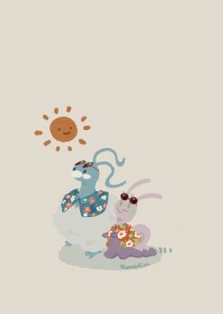 absurdres altaria beak bird blue_shirt closed_mouth clothed_pokemon dragon eyewear_on_head feathers floral_print floral_print_shirt fluffy gen_3_pokemon gen_6_pokemon green_eyes highres nintendo no_humans pokemon pokemon_(creature) pokemon_focus red_shirt shirt simple_background sliggoo slug smile sun sunglasses white_feathers zozozoshion