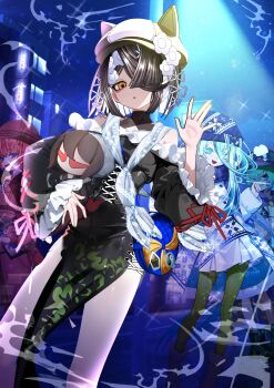 4girls absurdres animal_ears bare_shoulders beanie bikini black_bikini black_dress black_hair black_hat blue_eyes blue_hat blue_scarf blush boots braid breasts brown_eyes brown_hat brown_jacket brown_skirt capelet cat_ears coat crown_braid dress fate/grand_order fate_(series) frills green_eyes green_hair green_pantyhose grin hair_between_eyes hair_over_one_eye hat highres jacket kitsunebi44410 lady_yu_doll locusta_(fate) long_hair long_skirt long_sleeves looking_at_viewer louhi_(fate) mole mole_under_eye multicolored_hair multiple_girls orange_hair pantyhose pelvic_curtain purple_capelet purple_eyes purple_hair purple_hat scarf short_hair side_braid skirt small_breasts smile sweater swimsuit thighs two-tone_hair van_gogh_(fate) white_coat white_dress white_hat xu_fu_(fate)