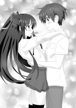 1boy 1girl ass_peek blush breasts cleavage date_a_live eye_contact from_side greyscale hair_ribbon itsuka_shido long_hair looking_at_another monochrome mouth_hold pleated_skirt profile rayos ribbon school_uniform short_hair short_sleeves skindentation skirt thighhighs unbuttoned unbuttoned_shirt yatogami_tohka