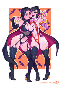 2girls the_addams_family armlet black_lips black_nails boots bracelet braid breasts cape chaos!_comics cleavage cosplay crossover earrings eyeshadow fang garter_straps goth_fashion halloween high_heel_boots high_heels hoop_earrings hotel_transylvania jewelry kajin_(kajinman) lady_death lady_death_(character) lady_death_(character)_(cosplay) lady_death_(cosplay) lipstick makeup mavis_dracula medium_breasts multiple_girls nail_polish navel shiny_skin slingshot_swimsuit swimsuit thigh_boots thighhighs thong trait_connection twin_braids vampire vampirella vampirella_(character) vampirella_(character)_(cosplay) wednesday_addams