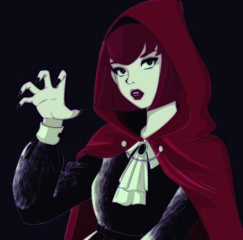 Rule 34 | 1girl, ascot, black dress, black eyes, black nails, claw pose, commentary, cosplay, dress, fingernails, highres, hood, hood up, lipstick, little red riding hood (fairy tale), little red riding hood (fairy tale character), little red riding hood (fairy tale character) (cosplay), looking at viewer, makeup, megadeus mommy, open mouth, pale skin, puffy sleeves, r dorothy wayneright, red hood, sharp fingernails, short hair, simple background, solo, the big o, upper body, white ascot