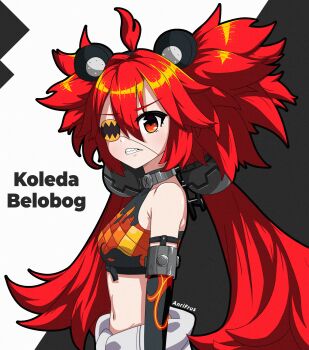 1girl absurdres ahoge animal_ears anrifrus bare_shoulders bear_ears black_gloves breasts crop_top eyepatch fake_animal_ears fingerless_gloves gloves hair_between_eyes hair_ornament highres koleda_belobog long_hair looking_at_viewer midriff navel original pants red_eyes red_hair solo sphere_hair_ornament twintails zenless_zone_zero
