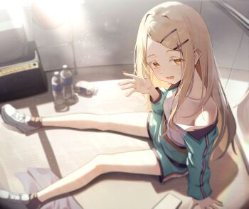 1girl absurdres blonde_hair blue_jacket blue_shorts blurry blush bottle cellphone collarbone dampi depth_of_field full_body gakuen_idolmaster hair_ornament hairclip highres idolmaster jacket long_hair looking_at_viewer mirror off_shoulder official_alternate_costume open_mouth orange_eyes parallel_hairclips parted_bangs phone shinosawa_hiro shoes shorts sidelocks sitting smartphone solo sweat track_jacket trembling water_bottle waving white_shoes