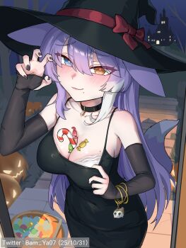 1girl absurdres alternate_breast_size_(larger) animal_ears bam_ya between_breasts black_choker black_dress black_hat black_nails black_sleeves blue_eyes blush bow bra bracelet breasts bright_pupils brown_eyes candy candy_cane charm_(object) choker claw_pose cleavage closed_mouth clothes_pull collarbone commentary_request covered_navel cowboy_shot dated detached_sleeves doorway double-parted_bangs dress dress_pull fingernails food hair_between_eyes halloween halloween_costume hand_up hat hat_bow heterochromia highres inari_(tenko_shibuki) jack-o&#039;-lantern jewelry korean_commentary large_breasts light_smile long_bangs long_hair long_sleeves looking_at_viewer mole mole_under_mouth nail_polish night pink_pupils purple_hair raised_inner_eyebrows red_bow sleeveless sleeveless_dress sleeves_past_wrists solo spaghetti_strap standing stellive tail taut_clothes taut_dress tenko_shibuki thumb_hole_sleeves twitter_username underwear very_long_hair virtual_youtuber white_bra witch_hat wrapped_candy yellow_pupils