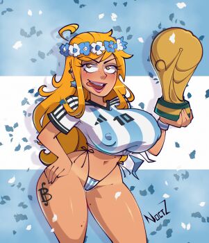 1girl 2022_fifa_world_cup absurdres argentina argentinian_flag argentinian_flag_print bikini bikini_under_clothes breasts covered_erect_nipples crop_top curvy flag_print flower hand_on_own_hip highres jersey large_breasts lips long_hair looking_at_viewer nami_(one_piece) noctz noctzart one_piece open_mouth orange_hair shiny_skin smile soccer solo swimsuit teeth thong thong_bikini tongue trophy very_long_hair wide_hips world_cup