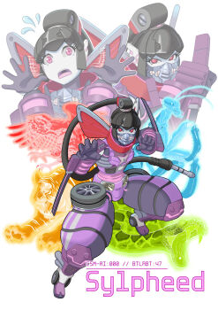 1girl a0robo bird black_hair fighting_stance hawk highres mask metal_hair metal_skin mouth_mask open_mouth original ponytail praying_mantis red_eyes robot_girl snake thick_thighs thighs tiger