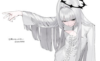 1boy :> artist_name black_eyes black_halo blunt_bangs cleavage_cutout closed_mouth clothing_cutout commentary contrapposto copyright_name copyright_notice cross-laced_clothes cross-laced_top empty_eyes from_above grey_hair hair_intakes hair_over_shoulder hajime_(wolrero) halo hand_up head_tilt long_hair long_sleeves looking_at_viewer looking_up male_focus nichijou_kamoshirenai sanpaku shirt sidelocks simple_background smile solo spiked_halo straight_hair tilted_halo trap tsurime upper_body white_background white_shirt wolrero