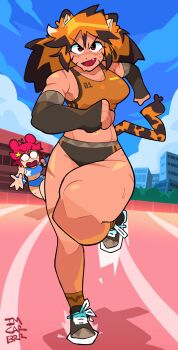 2girls animal_ears black_buruma blue_buruma blue_sky buruma collarbone commentary day empty_eyes english_commentary highres imcarbrrr midriff multiple_girls muscular muscular_female open_mouth orange_tank_top original outdoors red_hair running running_track sky sportswear tail tank_top tiger_ears tiger_girl tiger_tail v-shaped_eyebrows
