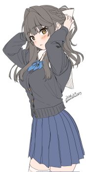 Rule 34 | 1girl, black cardigan, blue bow, blue skirt, blush, bow, braid, breasts, brown eyes, cardigan, grey hair, hair bow, highres, long hair, long sleeves, looking at viewer, medium breasts, original, parted lips, pleated skirt, sailor collar, school uniform, simple background, skirt, solo, thighhighs, unasaka ryou, white background, white bow, white sailor collar, white thighhighs