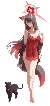 1girl alternate_costume animal_ear_fluff animal_ears barefoot black_hair blue_archive breasts cat cleavage colored_inner_hair commentary_request fox_ears fox_girl fox_tail full_body hair_ornament halo highres large_breasts long_hair multicolored_hair red_hair red_halo smile solo tail vam_(js_vam) wakamo_(blue_archive) yellow_eyes