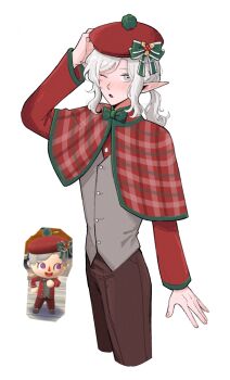 1boy animal_crossing beret blush capelet christmas cropped_legs dungeon_meshi elf game_screenshot_inset grey_eyes grey_hair hat hat_ornament highres holly_hat_ornament long_sleeves looking_at_viewer male_focus medium_hair mithrun mithrun_(young) nintendo one_eye_closed pointy_ears ponytail shirt simple_background solo wavy_hair white_background ying45658704