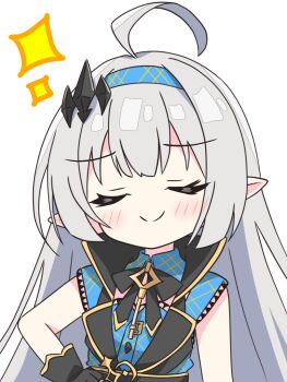 1girl ahoge black_bow black_bowtie black_gloves blue_hairband blue_shirt blush bow bowtie closed_eyes closed_mouth commentary_request facing_viewer female_tyrant_(stella_sora) gloves grey_hair hairband hand_on_own_hip kotatsu-mazoku long_hair pointy_ears shirt short_sleeves sidelocks simple_background smile solo sparkle stella_sora tyrant_(stella_sora) upper_body white_background