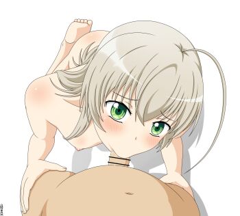 Rule 34 | 1boy, 1girl, :>=, ahoge, artist name, bar censor, barefoot, blush, breasts, censored, collarbone, commentary, commission, completely nude, english commentary, eyelashes, fellatio, from above, furrowed brow, green eyes, grey hair, hair between eyes, hair over shoulder, haiyore! nyaruko-san, hands on another's thighs, hetero, highres, huge ahoge, kneeling, long hair, looking at viewer, nipples, nude, nyarlathotep (nyaruko-san), omukade, oral, penis, pov, pov hands, saliva, shadow, sidelocks, simple background, solo focus, upturned eyes, white background