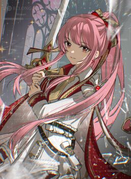 Rule 34 | 1girl, belt, black belt, blunt bangs, bow, brown bow, brown eyes, cape, coat, cowboy shot, earrings, expressionless, eyelashes, floating hair, frilled garter belt, hair bow, highres, holding, holding sword, holding weapon, indoors, jewelry, light particles, lips, long hair, long sleeves, military uniform, moeansang, necktie, nikki (nikki), nikki (series), parted lips, pillar, pink hair, pink lips, ponytail, red bow, red cape, sample watermark, scroll, sidelocks, solo, sparkle, sphere earrings, stained glass, standing, sword, too many watermarks, two-sided bow, two-sided cape, two-sided fabric, very long hair, watermark, watermark grid, weapon, white cape, white coat, yellow necktie