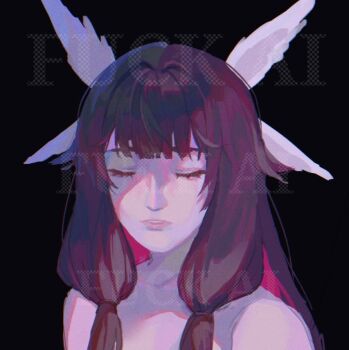 1girl angel_wings black_background blunt_bangs brown_hair closed_eyes colored_inner_hair columbina_(genshin_impact) commentary english_commentary feathered_wings genshin_impact head_wings kiwiteamlp long_hair multicolored_hair multiple_wings pink_hair pink_lips sidelocks simple_background solo teeth upper_body watermark wings