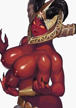 1girl :p absurdres atziri belt black_nails cinko colored_sclera extra_breasts face_piercing helmet highres horns looking_at_viewer nipples nose_piercing nose_ring orange_eyes path_of_exile piercing red_sclera red_skirt simple_background skirt smile solo tongue tongue_out white_background