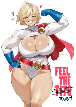 1girl absurdres ahoge arm_up belt blonde_hair blue_gloves blush breasts cameltoe cape cleavage closed_eyes dc_comics gloves highres huge_breasts leotard lulu-chan92 muscular muscular_female power_girl red_belt red_cape shiny_skin short_hair smile thick_thighs thighs white_leotard