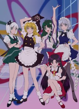 1990s_(style) 5girls absurdres aihara-rina apron arm_up ascot bishoujo_senshi_sailor_moon bishoujo_senshi_sailor_moon_(first_season) black_gloves black_shoes blonde_hair blue_eyes blue_skirt blush bob_cut bow braid bright_pupils brown_hair buttons chinese_commentary closed_mouth commentary_request crossover derivative_work detached_sleeves fingerless_gloves fingernails frilled_apron frilled_hair_tubes frills frog_hair_ornament full_body gloves gohei green_eyes green_hair green_skirt green_vest grey_hair hair_bow hair_ornament hair_tubes hakurei_reimu hand_on_own_hip hat highres holding holding_stick izayoi_sakuya kirisame_marisa knees kochiya_sanae konpaku_youmu maid maid_apron maid_headdress mary_janes mini-hakkero multiple_girls open_mouth print_skirt puffy_short_sleeves puffy_sleeves red_bow retro_artstyle ribbon-trimmed_sleeves ribbon_trim scene_reference screenshot_redraw shirt shoes short_sleeves sidelocks single_braid skirt snake_hair_ornament socks squatting standing stick touhou vest white_apron white_hair white_pupils white_shirt white_socks wide_sleeves witch_hat yellow_ascot yellow_eyes