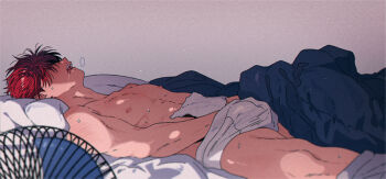 1boy bed_sheet boxer_briefs clothed_masturbation clothes_pull collarbone commentary_request korean_commentary lemonmelon00 lying male_focus male_masturbation male_underwear masturbation nipples on_back on_bed open_mouth pants pants_pull pillow red_hair sakuragi_hanamichi short_hair slam_dunk_(series) solo sweat topless_male underwear white_male_underwear
