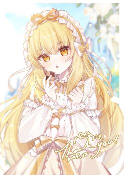 1girl :o absurdres bib_collar blonde_hair blurry blurry_background bright_background commentary_request commission cookie dress food frilled_hairband frills hairband highres holding holding_cookie holding_food long_hair long_sleeves looking_at_viewer original outdoors parted_lips solo upper_body wangying_(itswasuutsu) white_dress yellow_eyes yellow_hairband