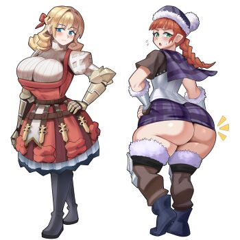 2girls absurdres ass ass_focus blonde_hair blue_eyes breasts bursting_breasts curvy dress from_behind highres huge_ass large_breasts looking_back multiple_girls no_panties orange_hair scarlett_(unicorn_overlord) short_dress thick_thighs thighs unicorn_overlord ytrall yunifi_(unicorn_overlord)