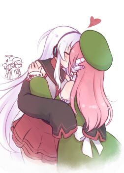 4girls absurdly_long_hair beret chanpotei commentary detached_sleeves dress english_commentary green_dress grey_shirt hat highres kasane_teto kasane_teto_(utau) kiss long_hair momone_momo multiple_girls pink_hair red_skirt robot_ears shirt skirt sukone_tei utane_uta utau very_long_hair white_hair yuri