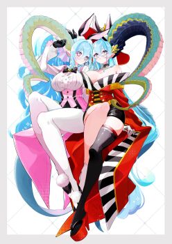 Rule 34 | 2girls, animal ear fluff, animal ears, aqua hair, black bow, black gloves, black hat, bow, braid, breasts, cleavage, coat, coattails, corset, cosplay, crown braid, curled horns, dual persona, epaulettes, fate/grand order, fate (series), glasses, gloves, green horns, grey-framed eyewear, hat, highres, horns, koyanskaya (assassin) (second ascension) (fate), koyanskaya (fate), koyanskaya (fate) (cosplay), koyanskaya (foreigner) (second ascension) (fate), large breasts, large horns, larva tiamat (fate), long hair, long horns, looking at viewer, multiple animal ears, multiple girls, pantyhose, pink eyes, pointy ears, rabbit ears, red coat, single thighhigh, smile, symbol-shaped pupils, thighhighs, tiamat (fate), top hat, tsukumo kyouko, underbust, white-framed eyewear, white pantyhose, x-shaped pupils