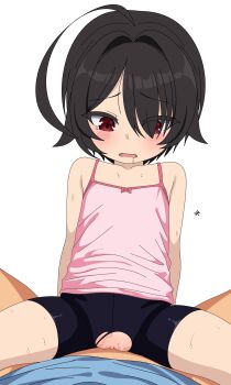 1boy 1girl absurdres age_difference ahoge artist_request bike_shorts black_hair blush camisole cowgirl_position flat_chest highres legs loli original pussy red_eyes saliva sex shirt short_hair shorts simple_background spread_legs straddling tears thighs torn_clothes torn_shorts uncensored vaginal white_background