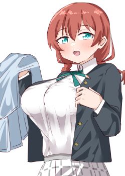 1girl :d absurdres aqua_eyes black_jacket blazer blush breasts brown_hair collared_shirt commentary_request emma_verde freckles hair_between_eyes highres jacket lamchan large_breasts long_sleeves looking_at_viewer love_live! love_live!_nijigasaki_high_school_idol_club low_twintails nijigasaki_school_uniform open_mouth pleated_skirt school_uniform shirt simple_background skirt smile solo tented_shirt twintails white_background white_shirt white_skirt