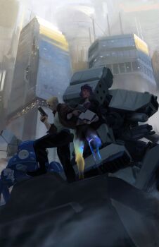 1boy 1girl aethash batou_(gits) building city cityscape cyberpunk day ghost_in_the_shell ghost_in_the_shell:_stand_alone_complex gun highres holding holding_gun holding_weapon kusanagi_motoko mecha medium_hair missile_pod robot tachikoma walker_(robot) weapon window