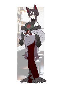 1girl alternate_costume animal_ears bare_shoulders black_shirt brown_eyes brown_hair commentary floral_print frills glasses highres imaizumi_kagerou indoors long_hair long_skirt looking_at_viewer nail_polish off_shoulder own_hands_together parted_lips red_nails red_skirt round_eyewear shirt skirt sleeveless sleeveless_shirt smile solo touhou very_long_fingernails very_long_hair wolf_ears wolf_girl zenritsu