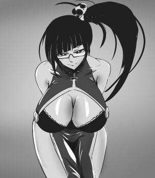 1girl arc_system_works aurostella bare_shoulders black_bra black_hair blazblue bra breasts china_dress chinese_clothes cleavage cleavage_cutout clothing_cutout collarbone dress glasses grey_background hair_ornament highres huge_breasts lao_jiu large_breasts leaning_forward litchi_faye_ling long_hair looking_at_viewer monochrome panda panda_hair_ornament ponytail simple_background smile solo thighs underwear