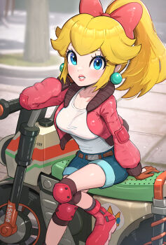 1girl absurdres blonde_hair blue_eyes blue_hair blue_shorts blush boots bow breasts denim denim_shorts earrings gloves gonzarez hair_bow highres jacket jewelry knee_pads large_breasts long_hair looking_at_viewer mario_(series) mario_kart mario_kart_world motor_vehicle motorcycle nintendo on_motorcycle open_clothes open_jacket partially_open_jacket pink_boots pink_bow pink_jacket ponytail princess_peach princess_peach_(touring) rally_bike_(mario_kart_world) shirt short_shorts shorts smile solo sphere_earrings