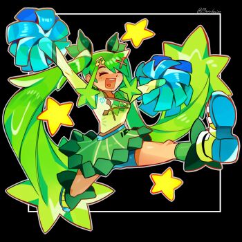 Rule 34 | 1girl, borcheim, breasts, cheerleader, closed eyes, commentary, fortissimo, grass miku (project voltage), green hair, green shirt, green skirt, green socks, hair ornament, hatsune miku, heart, highres, holding, holding pom poms, long hair, long sleeves, musical note, musical note hair ornament, nintendo, open mouth, pokemon, pom pom (cheerleading), pom poms, project voltage, shirt, skirt, smile, socks, star (symbol), teeth, twintails, upper teeth only, very long hair, vocaloid, x hair ornament