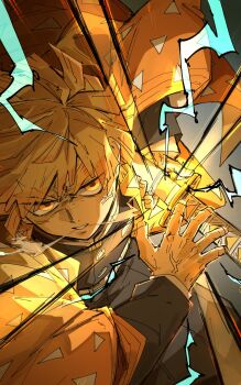 1boy agatsuma_zenitsu blonde_hair demon_slayer_uniform haori highres holding holding_sword holding_weapon jacket japanese_clothes kankan33333 katana kimetsu_no_yaiba lightning long_sleeves male_focus sheath short_hair solo sword triangle_print unsheathing veins veiny_hands weapon yellow_eyes yellow_haori