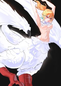 1girl aqua_hair armpits arms_up black_background breasts chimera commentary dopeybunni dungeon_meshi english_commentary feathered_wings feathers highres hololive hololive_english medium_breasts monster_girl multicolored_hair navel orange_hair pink_eyes ponytail simple_background solo takanashi_kiara talons virtual_youtuber white_feathers wings