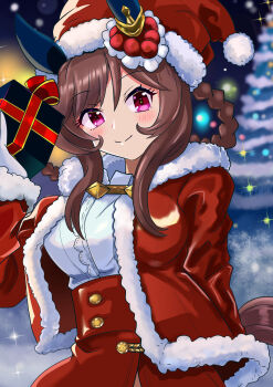 1girl absurdres animal_ears blush box braid braided_hair_rings breasts brown_hair christmas christmas_ornaments christmas_present christmas_tree closed_mouth coat commentary_request ear_covers fur-trimmed_coat fur-trimmed_headwear fur_trim gentildonna_(umamusume) gift gift_box gloves hair_between_eyes hair_ornament hair_rings hat heart-shaped_ornament heart_ear_ornament highres horse_ears horse_girl horse_tail incoming_gift large_breasts long_hair long_sleeves looking_at_viewer open_clothes open_coat red_coat red_eyes red_skirt santa_costume santa_hat shikibara_fukka shirt skirt smile solo sparkle tail umamusume white_gloves white_shirt