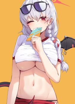 1girl black_panties blue_archive breasts buruma clothes_lift commentary_request ddangbi demon_tail demon_wings eyewear_on_head halo haruna_(blue_archive) haruna_(track)_(blue_archive) highres holding holding_ticket large_breasts long_hair navel official_alternate_costume one_eye_closed panties panties_under_buruma red_buruma red_eyes red_halo shirt shirt_lift simple_background single_wing solo stomach sunglasses tail ticket underboob underwear white_hair white_shirt wings
