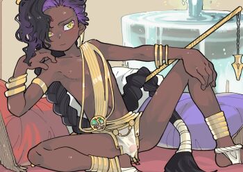 1boy anklet asymmetrical_hair bindi black_hair bracelet braid bulge closed_mouth cushion dark-skinned_male dark_skin fountain hair_over_one_eye jewelry leaning_to_the_side looking_at_viewer male_focus multicolored_hair navel nipples ocha_(kinnkonnsousai) original purple_hair see-through_clothes shota single_braid sitting solo spread_legs trap two-tone_hair yellow_eyes