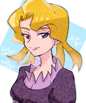 Rule 34 | 1girl, blonde hair, closed mouth, commentary request, dated, dress, glacia (pokemon), light smile, looking at viewer, mature female, nintendo, outline, pink lips, pokemon, pokemon rse, portrait, purple dress, signature, solo, upper body, white outline, yukexima