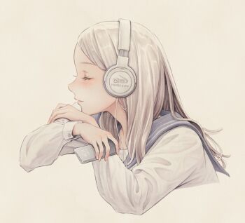 Rule 34 | 1girl, blonde hair, closed eyes, mp3 player, headphones, ipod, long hair, long sleeves, original, otto (otto52coffee), pale color, profile, safety pin, sailor collar, shirt, solo, upper body, upturned nose, white background, white shirt