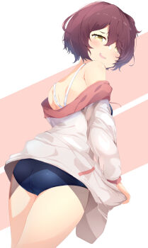 1girl aru_(arudes) ass bare_shoulders blue_one-piece_swimsuit blush clothes_pull commentary_request competition_swimsuit from_behind hair_over_one_eye highres jacket jacket_pull komari_chika looking_back make_heroine_ga_oo_sugiru! nervous_smile official_alternate_costume one-piece_swimsuit pink_background red_hair short_hair smile solo swimsuit thighs two-tone_background white_background white_jacket yellow_eyes