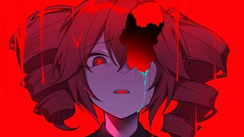 Rule 34 | 1girl, absurdres, broken skin, colored eyelashes, commentary request, cracked skin, drill hair, dripping, highres, hole in face, hollow body, kasane teto, looking at viewer, marshmallow (vocaloid), open mouth, portrait, red background, red eyes, red hair, red theme, simple background, solo, tomya, twin drills, utau