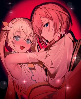 2girls :d @_@ absurdres arms_around_neck blonde_hair blue_eyes blush carrying colored_tips crossed_bangs detached_sleeves double-parted_bangs earrings flustered frilled_skirt frills hair_between_eyes hair_ornament hashtag-only_commentary highres hololive jewelry kazama_iroha long_hair looking_at_viewer magical_girl midriff miniskirt multicolored_hair multiple_girls navel nose_blush official_alternate_costume official_alternate_hairstyle open_mouth panda_0035 parted_lips pink_hair pom_pom_(clothes) pom_pom_hair_ornament princess_carry shirt skirt sleeveless sleeveless_shirt smile takane_lui takane_lui_(china_dress) tassel tassel_earrings teeth twintails upper_teeth_only very_long_hair virtual_youtuber white_hair white_shirt wide_sleeves yuri