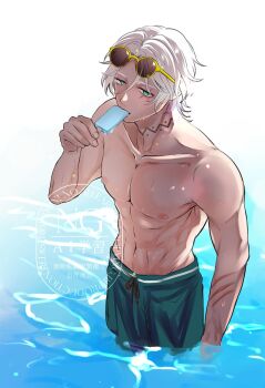 1boy brown-framed_eyewear dark-skinned_male dark_skin eyewear_on_head food genshin_impact green_male_swimwear grey_hair highres holding holding_food holding_popsicle ifa_(genshin_impact) koname_(koname0515) male_focus male_swimwear muscular muscular_male neck_tattoo nipples popsicle scar scar_on_arm short_hair solo sunglasses tattoo topless_male