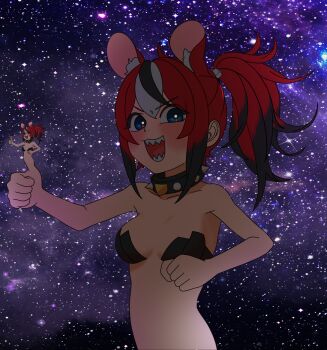 1girl animal_ears bikini black_bikini black_hair blue_eyes breasts butayaro_kr collar hakos_baelz highres hololive hololive_english long_hair looking_at_viewer medium_breasts mouse_ears mouse_girl multicolored_hair open_mouth recursion red_hair sharp_teeth solo spiked_collar spikes star_(sky) starry_sky_background swimsuit teeth thumbs_up virtual_youtuber white_hair