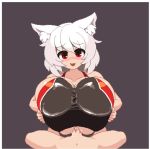 1boy 1girl :&gt; :d alternate_breast_size_(larger) animal_ear_fluff animal_ears animated blinking blush breasts breasts_squeezed_together cleavage closed_eyes closed_mouth clothed_female_nude_male competition_swimsuit cum cum_on_body cum_on_breasts cum_on_clothes cum_on_hair cum_on_upper_body cum_pool ejaculation ejaculation_between_breasts ejaculation_under_clothes facial grey_background hetero huge_breasts inubashiri_momiji looking_at_viewer lotion namako_daibakuhatsu naughty_face navel nose_blush nude one-piece_swimsuit open_mouth paizuri paizuri_under_clothes penis penis_under_another&#039;s_clothes pixel_art pov pov_crotch pov_focus red_eyes shiny_clothes short_hair shota simple_background smile solo_focus swimsuit tareme touhou uncensored underboob video white_hair wince wolf_ears