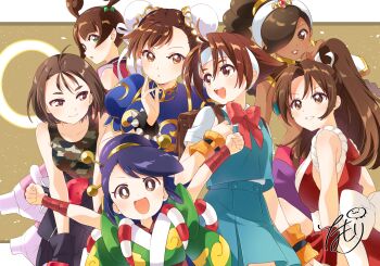 Rule 34 | 6+girls, :d, :o, absurdres, ayame (power stone), bracelet, brown eyes, brown hair, bun cover, camouflage, camouflage shirt, capcom, chinese clothes, chun-li, commentary, dark-skinned female, dark skin, double bun, earrings, english commentary, grin, hair bun, hair over one eye, headband, highres, japanese clothes, jewelry, june lin milliam, justice gakuen, kazama akira, long hair, looking ahead, looking at another, looking at viewer, multiple girls, namori, official art, open mouth, parted lips, pearl earrings, ponytail, power stone, purple hair, rouge (power stone), school uniform, second-party source, shiranui mai, shirt, short hair, signature, smile, snk, spiked bracelet, spikes, star gladiator, street fighter, the king of fighters, wakaba hinata, white headband
